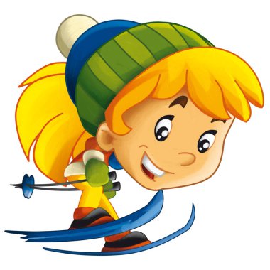 Mutlu kız çocuk kayak yaparken çizgi film sahnesi çocuklar için izole edilmiş kış sporu.