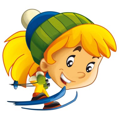 Mutlu kız çocuk kayak yaparken çizgi film sahnesi çocuklar için izole edilmiş kış sporu.