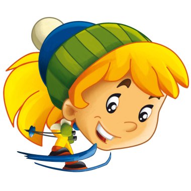 Mutlu kız çocuk kayak yaparken çizgi film sahnesi çocuklar için izole edilmiş kış sporu.