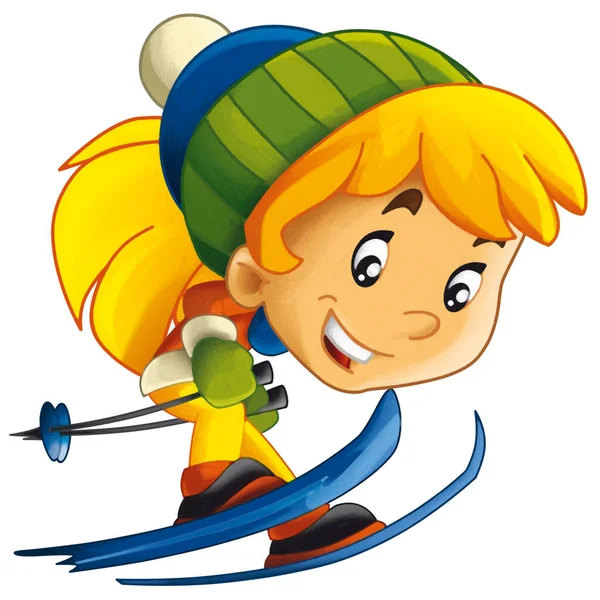 Cartoon Scene Met Gelukkig Meisje Kind Tiener Skiën Springen Winter — Stockfoto