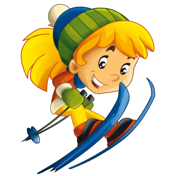 卡通片中快乐的少女滑雪跳冬季运动为孩子们提供了一个孤立的例证 — 图库照片