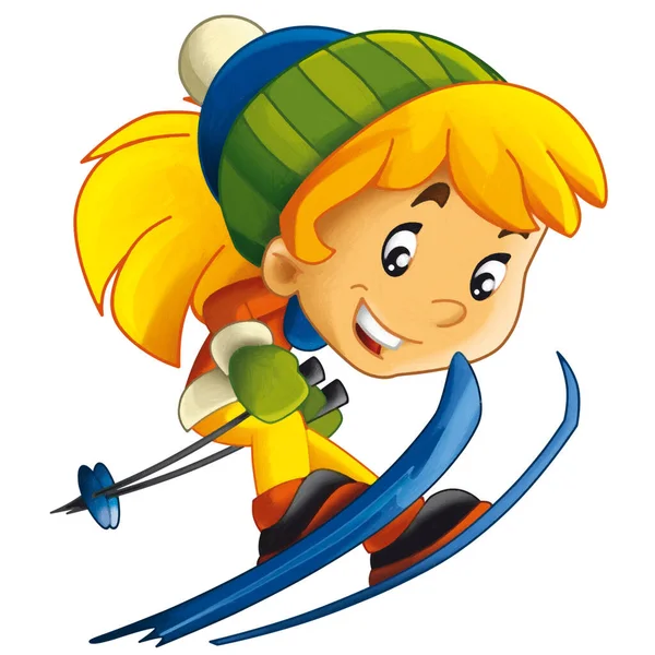 Cena Dos Desenhos Animados Com Menina Feliz Garoto Adolescente Esquiando — Fotografia de Stock