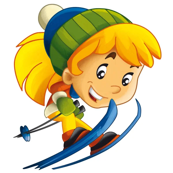 Escena Dibujos Animados Con Niña Feliz Niño Adolescente Esquiar Saltar —  Fotos de Stock