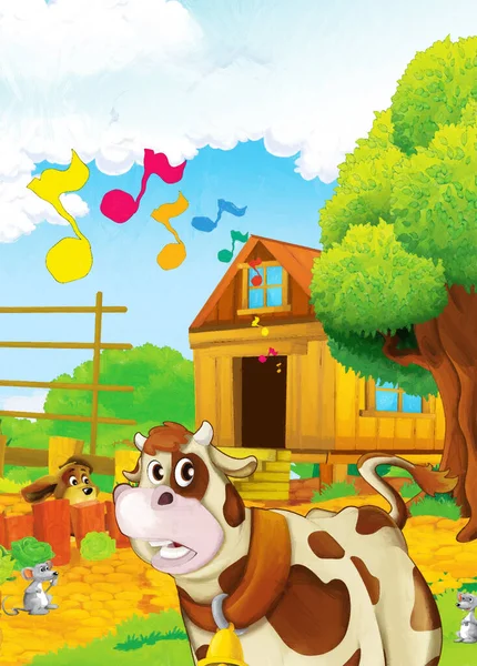 cartoon scene with life on the ranch with different farm animals illustration