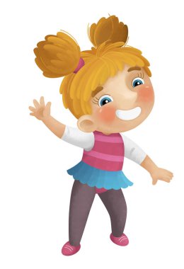 Genç kızın dans ederek eğlendiği karikatür sahnesi boş zamanlarında çocuklar için izole edilmiş illüstrasyon.