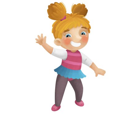 Genç bir kızın dans ederken eğlendiği çizgi film sahnesi boş zamanlarında çocuklar için izole edilmiş illüstrasyonlar.