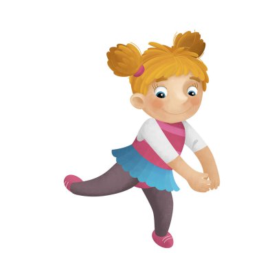 Genç bir kızın dans ederken eğlendiği çizgi film sahnesi boş zamanlarında çocuklar için izole edilmiş illüstrasyonlar.