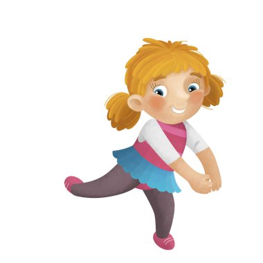 Genç bir kızın dans ederken eğlendiği çizgi film sahnesi boş zamanlarında çocuklar için izole edilmiş illüstrasyonlar.