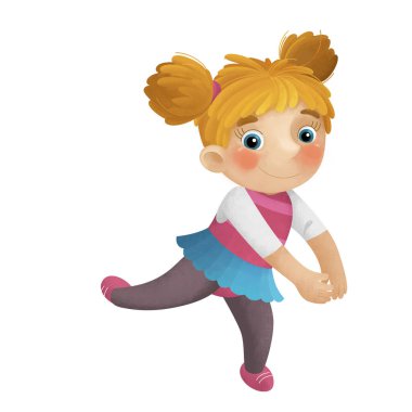 Genç bir kızın dans ederken eğlendiği çizgi film sahnesi boş zamanlarında çocuklar için izole edilmiş illüstrasyonlar.