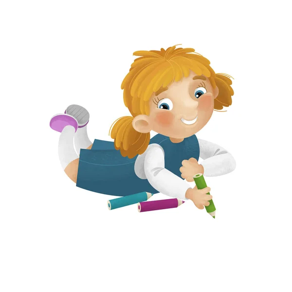Cena Dos Desenhos Animados Com Menina Divertindo Descansando Desenhando Lazer — Fotografia de Stock