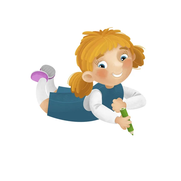 Cena Dos Desenhos Animados Com Menina Divertindo Descansando Desenhando Lazer — Fotografia de Stock