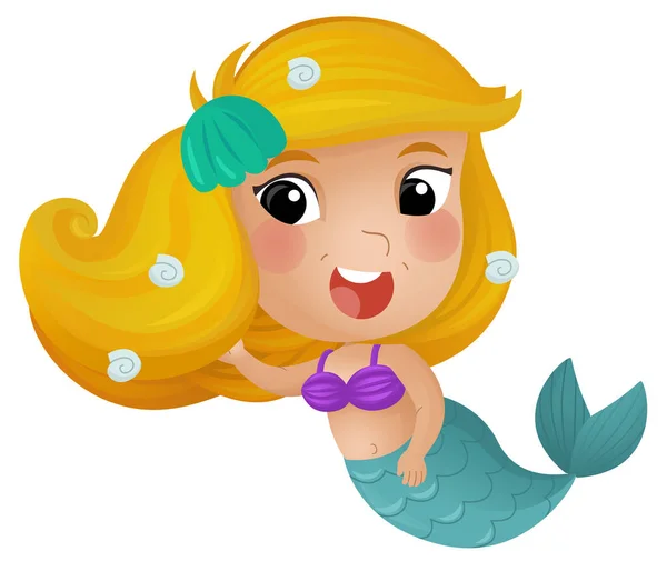 Escena Dibujos Animados Con Feliz Joven Sirena Nadando Sobre Fondo —  Fotos de Stock