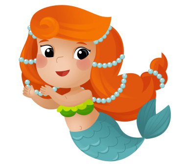 Çocuklar için beyaz arkaplanda yüzen mutlu genç denizkızıyla çizgi film sahnesi