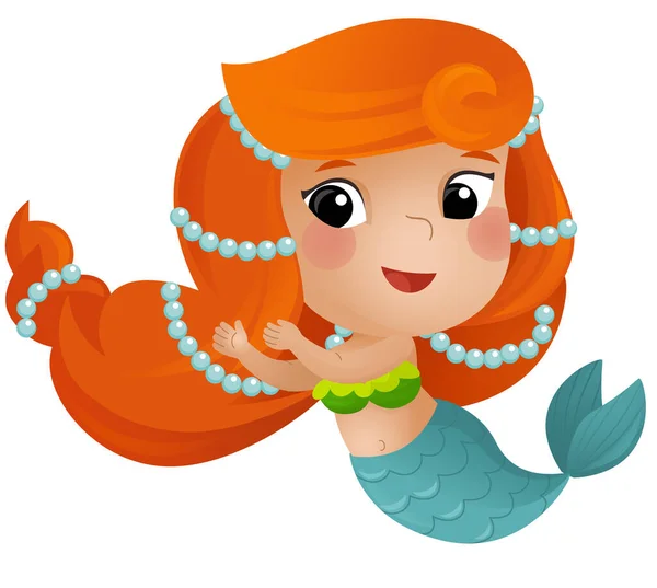 Kreslené Scény Šťastnou Mladou Mořskou Pannou Plavání Bílém Pozadí Ilustrace — Stock fotografie