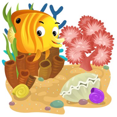 Yüzen balıklı mercan resifli karikatür sahnesi çocuklar için izole edilmiş element çizimi