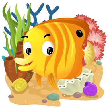 Yüzen balıklı mercan resifli karikatür sahnesi çocuklar için izole edilmiş element çizimi