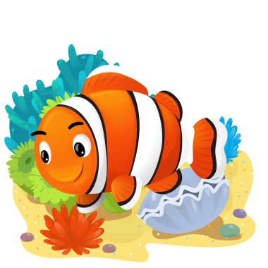 Yüzen balıklı mercan resifli karikatür sahnesi çocuklar için izole edilmiş element çizimi