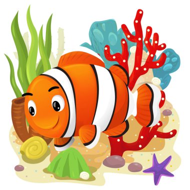 Yüzen balıklı mercan resifli karikatür sahnesi çocuklar için izole edilmiş element çizimi