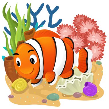 Yüzen balıklı mercan resifli karikatür sahnesi çocuklar için izole edilmiş element çizimi