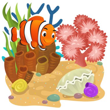 Yüzen balıklı mercan resifli karikatür sahnesi çocuklar için izole edilmiş element çizimi