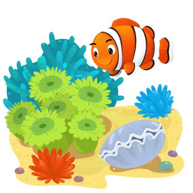 Yüzen balıklı mercan resifli karikatür sahnesi çocuklar için izole edilmiş element çizimi