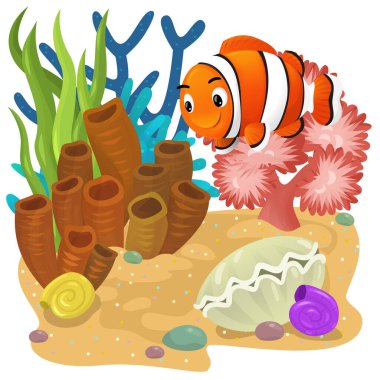 Yüzen balıklı mercan resifli karikatür sahnesi çocuklar için izole edilmiş element çizimi