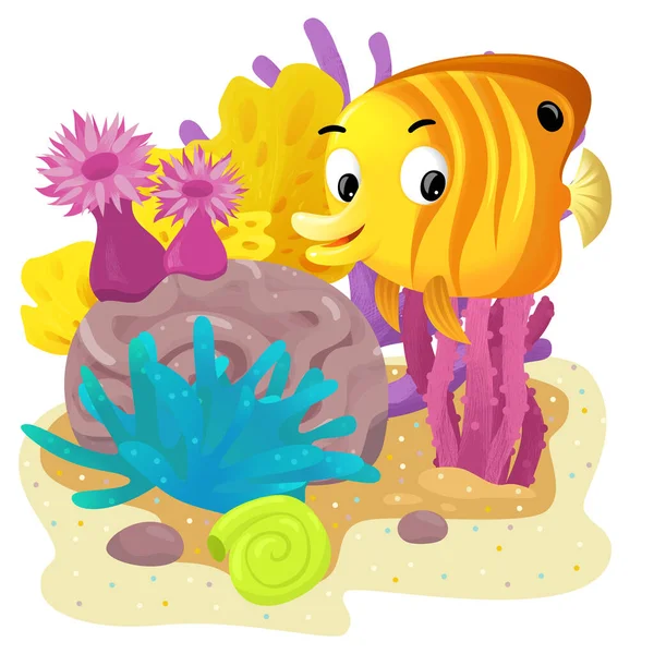 Cartoon Szene Mit Korallenriff Mit Schwimmenden Fischen Isolierte Elementillustration Für — Stockfoto