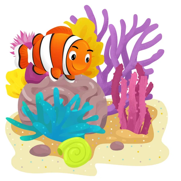 Rajzfilm Jelenet Korallzátony Úszás Hal Elszigetelt Elem Illusztráció Gyerekeknek — Stock Fotó