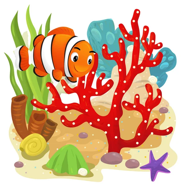 Cena Dos Desenhos Animados Com Recife Coral Com Peixe Natação — Fotografia de Stock