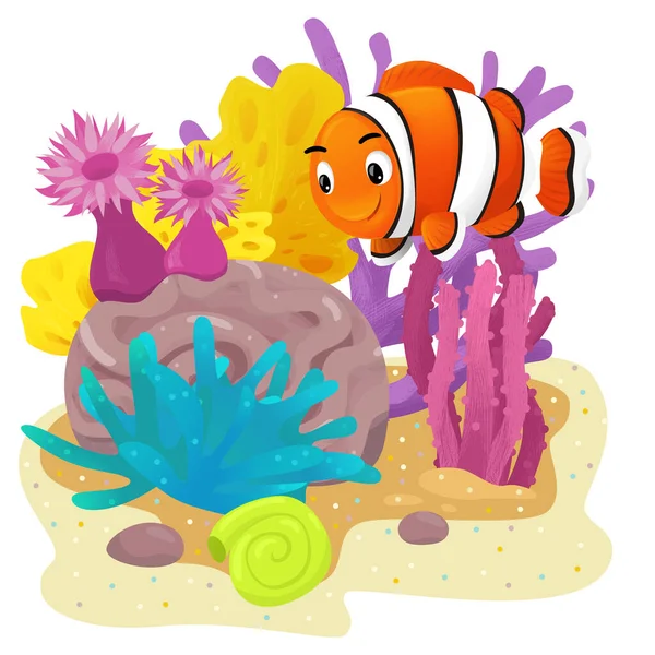 Cartoon Szene Mit Korallenriff Mit Schwimmenden Fischen Isolierte Elementillustration Für — Stockfoto