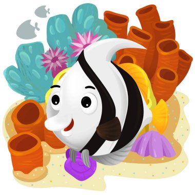 Yüzen mutlu balıklı mercan resifli karikatür sahnesi çocuklar için izole edilmiş element çizimi