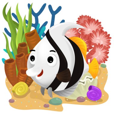 Yüzen mutlu balıklı mercan resifli karikatür sahnesi çocuklar için izole edilmiş element çizimi