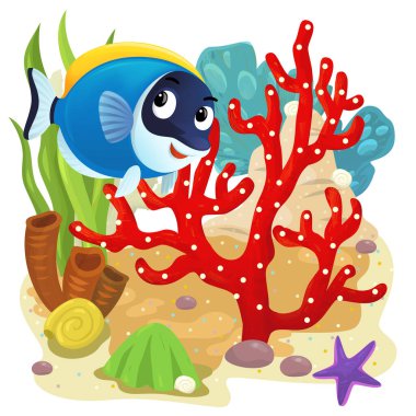 Yüzen mutlu balıklı mercan resifli karikatür sahnesi çocuklar için izole edilmiş element çizimi