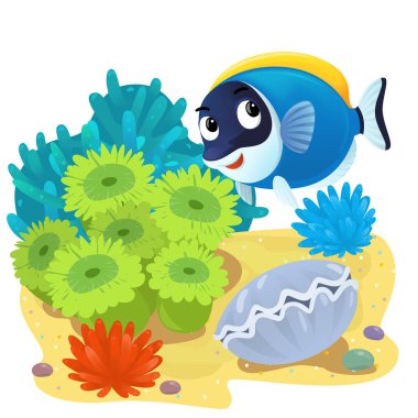 Yüzen mutlu balıklı mercan resifli karikatür sahnesi çocuklar için izole edilmiş element çizimi