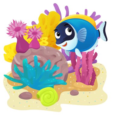 Yüzen mutlu balıklı mercan resifli karikatür sahnesi çocuklar için izole edilmiş element çizimi