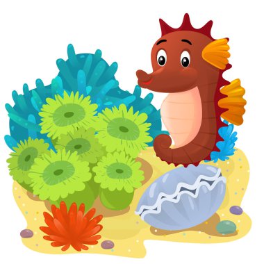 Yüzen mutlu balıklı mercan resifli karikatür sahnesi çocuklar için izole edilmiş element çizimi