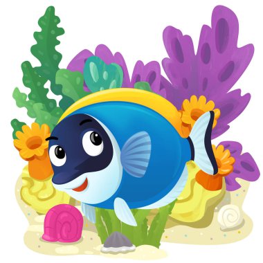 Yüzen mutlu balıklı mercan resifli karikatür sahnesi çocuklar için izole edilmiş element çizimi