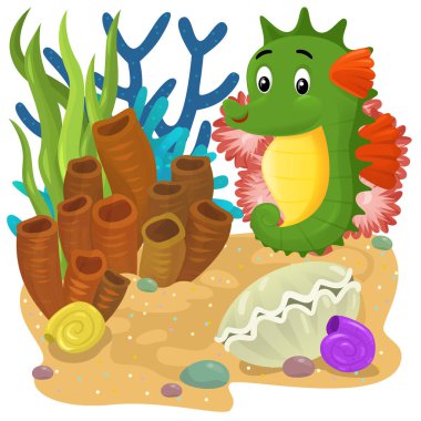 Yüzen mutlu balıklı mercan resifli karikatür sahnesi çocuklar için izole edilmiş element çizimi