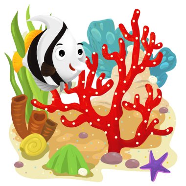 Yüzen mutlu balıklı mercan resifli karikatür sahnesi çocuklar için izole edilmiş element çizimi