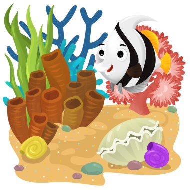 Yüzen mutlu balıklı mercan resifli karikatür sahnesi çocuklar için izole edilmiş element çizimi