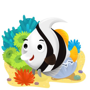 Yüzen mutlu balıklı mercan resifli karikatür sahnesi çocuklar için izole edilmiş element çizimi