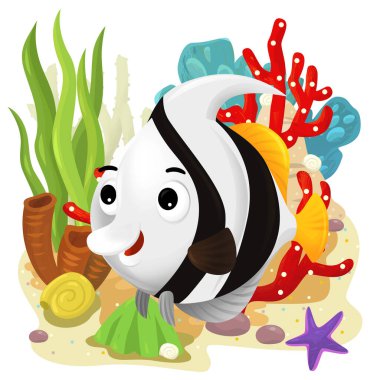 Yüzen mutlu balıklı mercan resifli karikatür sahnesi çocuklar için izole edilmiş element çizimi