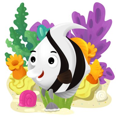 Yüzen mutlu balıklı mercan resifli karikatür sahnesi çocuklar için izole edilmiş element çizimi