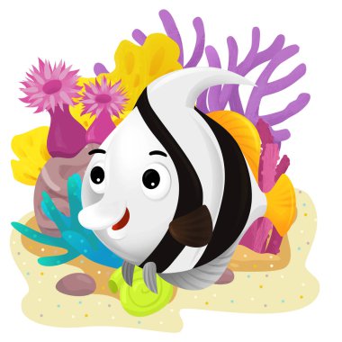 Yüzen mutlu balıklı mercan resifli karikatür sahnesi çocuklar için izole edilmiş element çizimi