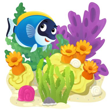 Yüzen mutlu balıklı mercan resifli karikatür sahnesi çocuklar için izole edilmiş element çizimi