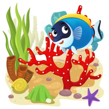 Yüzen mutlu balıklı mercan resifli karikatür sahnesi çocuklar için izole edilmiş element çizimi