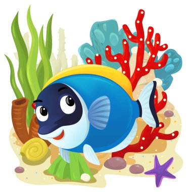 Yüzen mutlu balıklı mercan resifli karikatür sahnesi çocuklar için izole edilmiş element çizimi