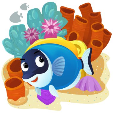 Yüzen mutlu balıklı mercan resifli karikatür sahnesi çocuklar için izole edilmiş element çizimi