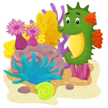 Yüzen mutlu balıklı mercan resifli karikatür sahnesi çocuklar için izole edilmiş element çizimi