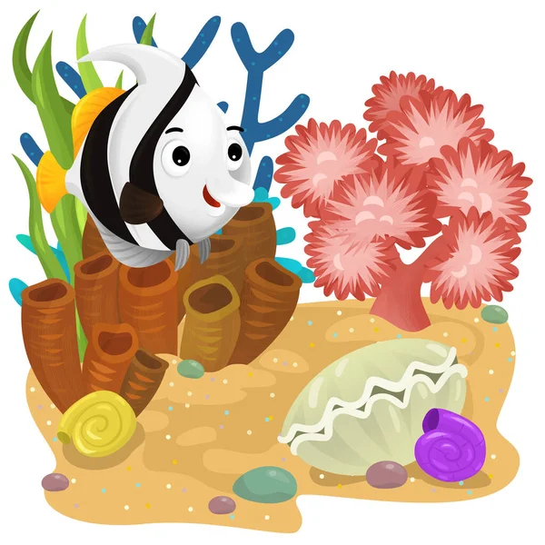 cartoon scene with coral reef with swimming happy fish isolated element illustration for kids
